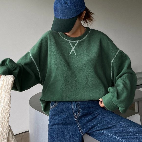 Green Casual Womens Slogan Graphic Drop Shoulder Fleece Oversized Sweatshirt - Picture 2 of 5